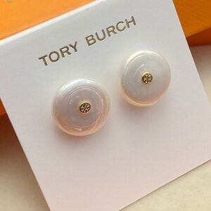 NWT Tory Burch Mother of Pearl White and Gold Stud Earrings